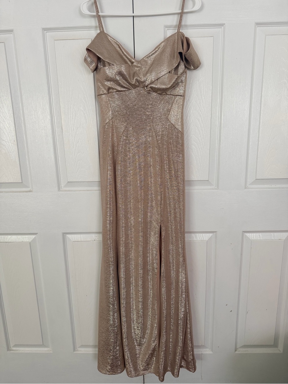 Night Way Collections Metallic Taupe Slip Dress with Ruffle Off-Shoulder Detail